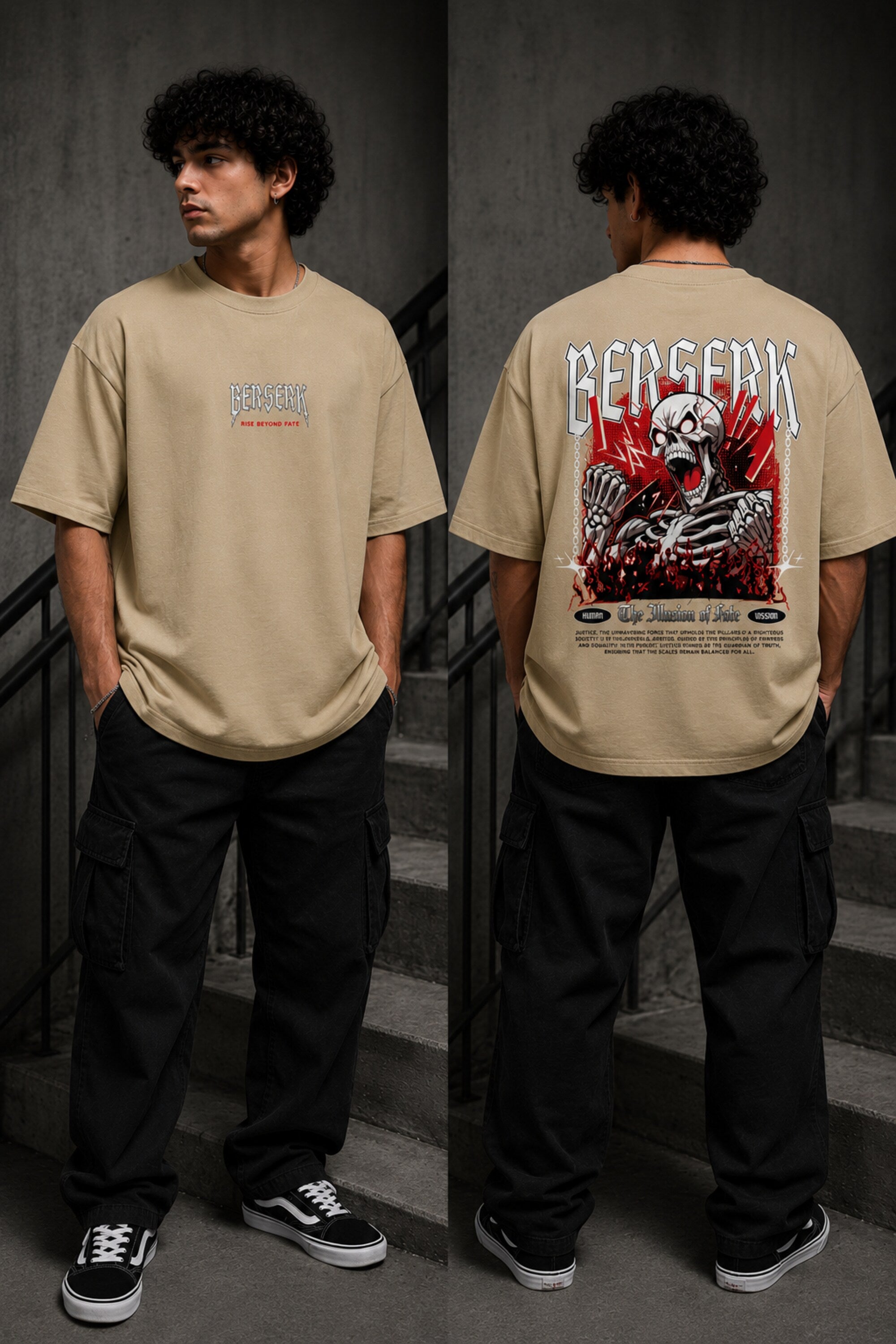 Black oversized t shirt with Berserk gothic chest print screaming skeleton Illusion of Fate anime horror chains back graphic by POPCASE streetwear - beige