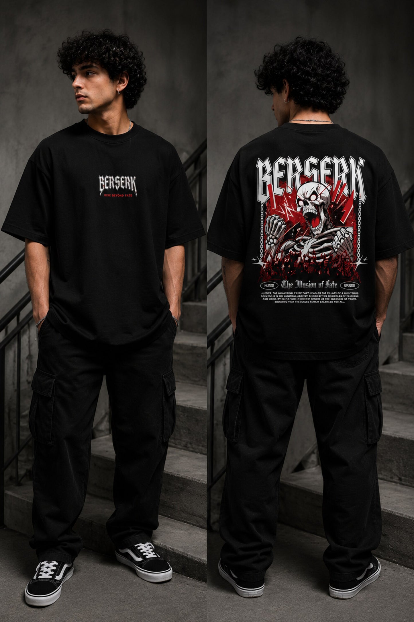 Black oversized t shirt with Berserk gothic chest print screaming skeleton Illusion of Fate anime horror chains back graphic by POPCASE streetwear - black