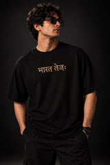 Black Bharat Tejah Sanskrit oversized tshirt with gold Devanagari Bharat Tejah text HD print on front chest