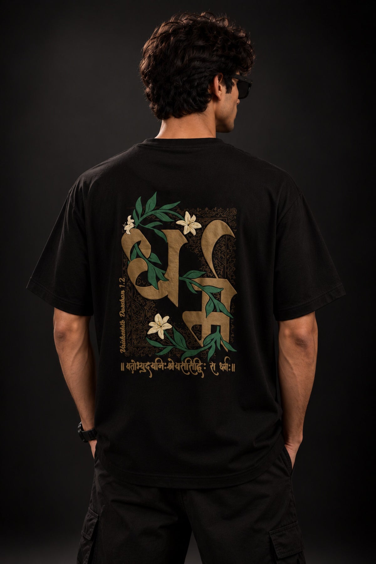Black Bharat Tejah Sanskrit oversized tshirt with gold Devanagari Bharat Tejah text HD print on front chest - black