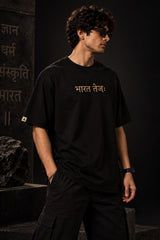 Black Bharat Tejah Sanskrit oversized tshirt with gold Devanagari Bharat Tejah text HD print on front chest