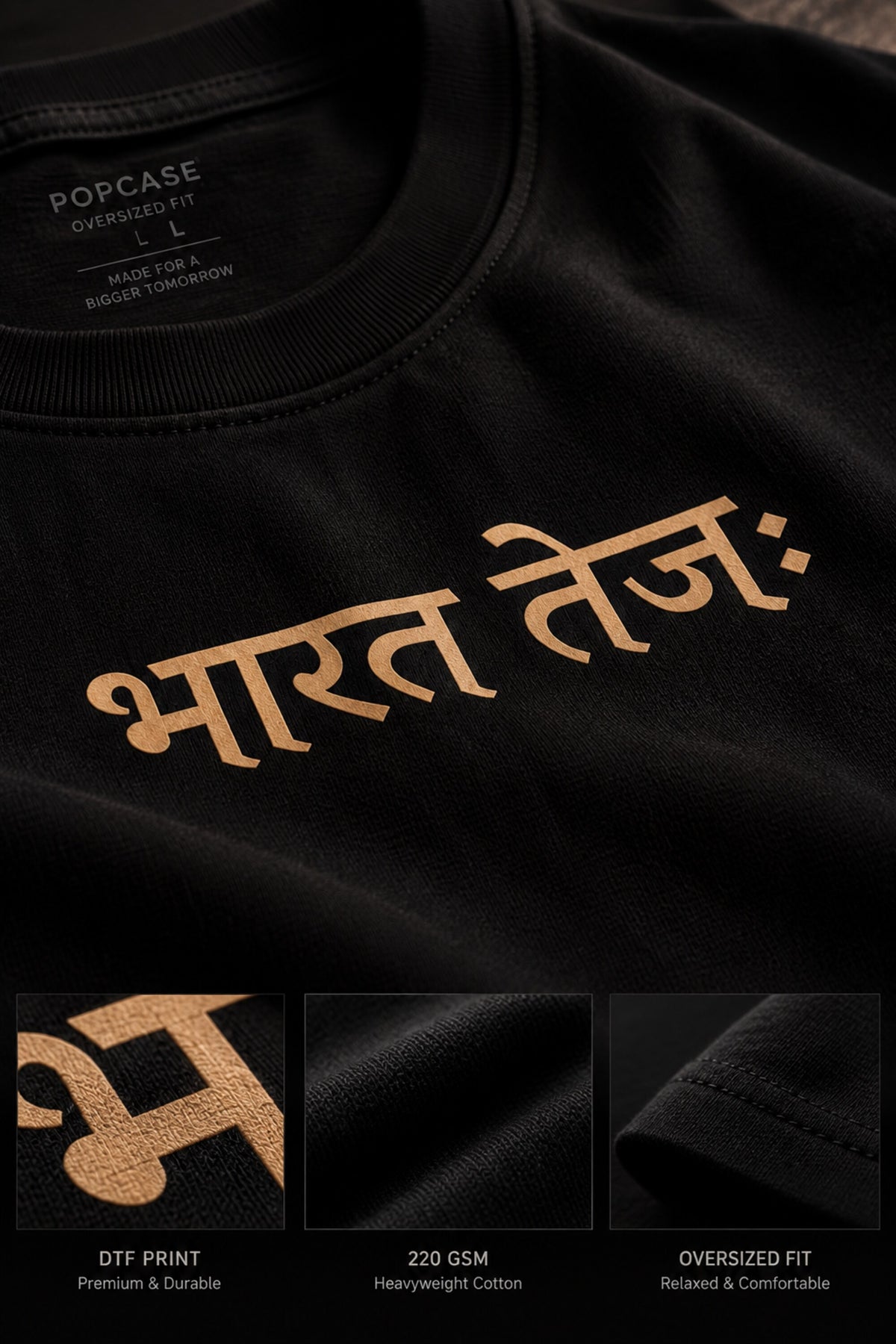 Black Bharat Tejah Sanskrit oversized tshirt with gold Devanagari Bharat Tejah text HD print on front chest