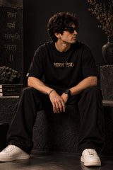 Black Bharat Tejah Sanskrit oversized tshirt with gold Devanagari Bharat Tejah text HD print on front chest