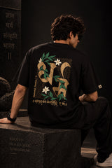 Black Bharat Tejah Sanskrit oversized tshirt with gold Devanagari Bharat Tejah text HD print on front chest