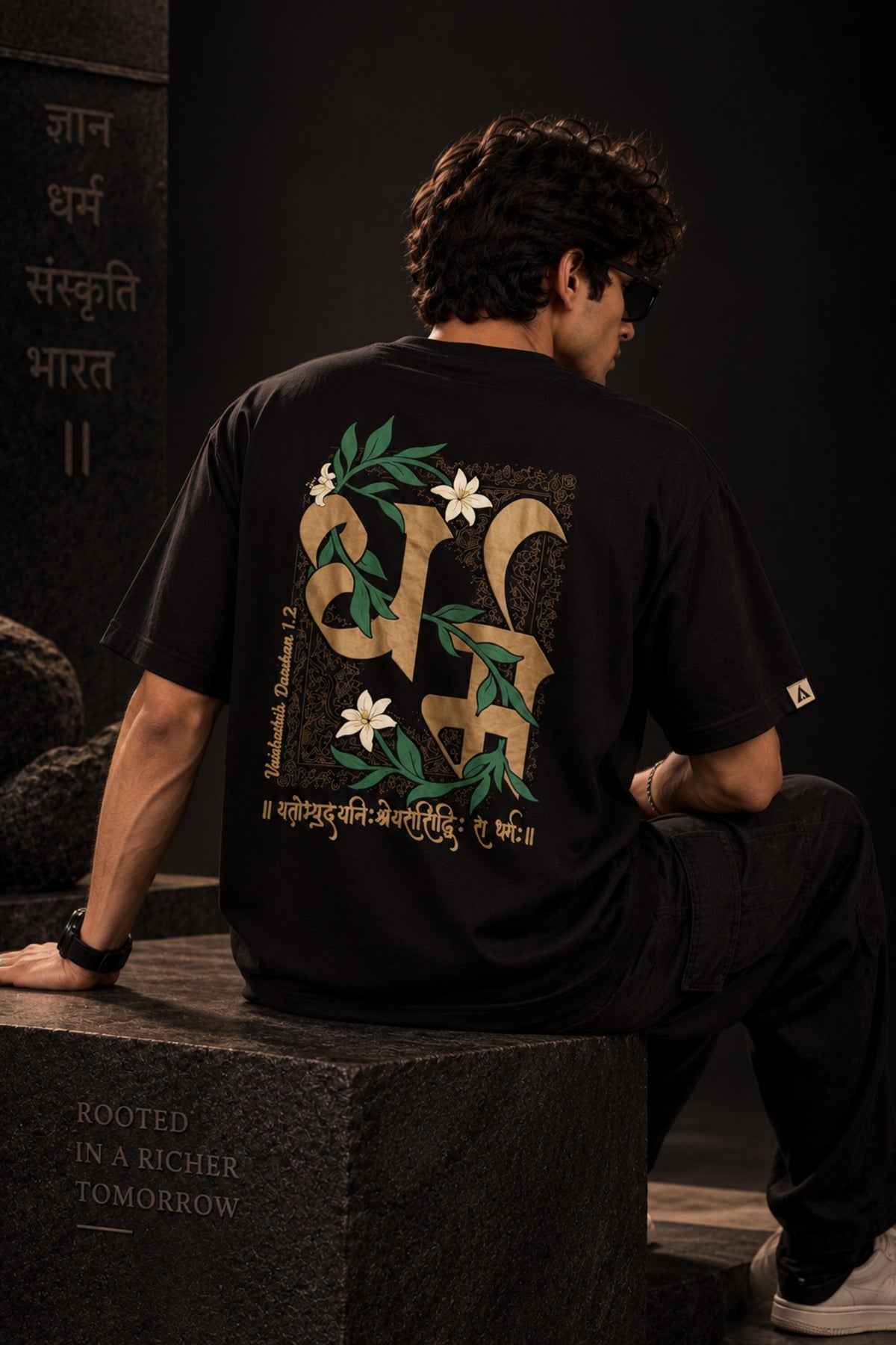Black Bharat Tejah Sanskrit oversized tshirt with gold Devanagari Bharat Tejah text HD print on front chest