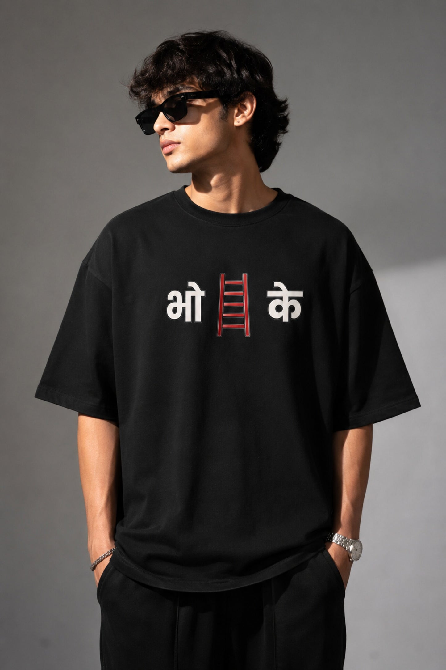 POPCASE black oversized t shirt Hindi Devanagari bho red ladder ke wordplay graphic white text DTF desi streetwear premium cotton tshirt