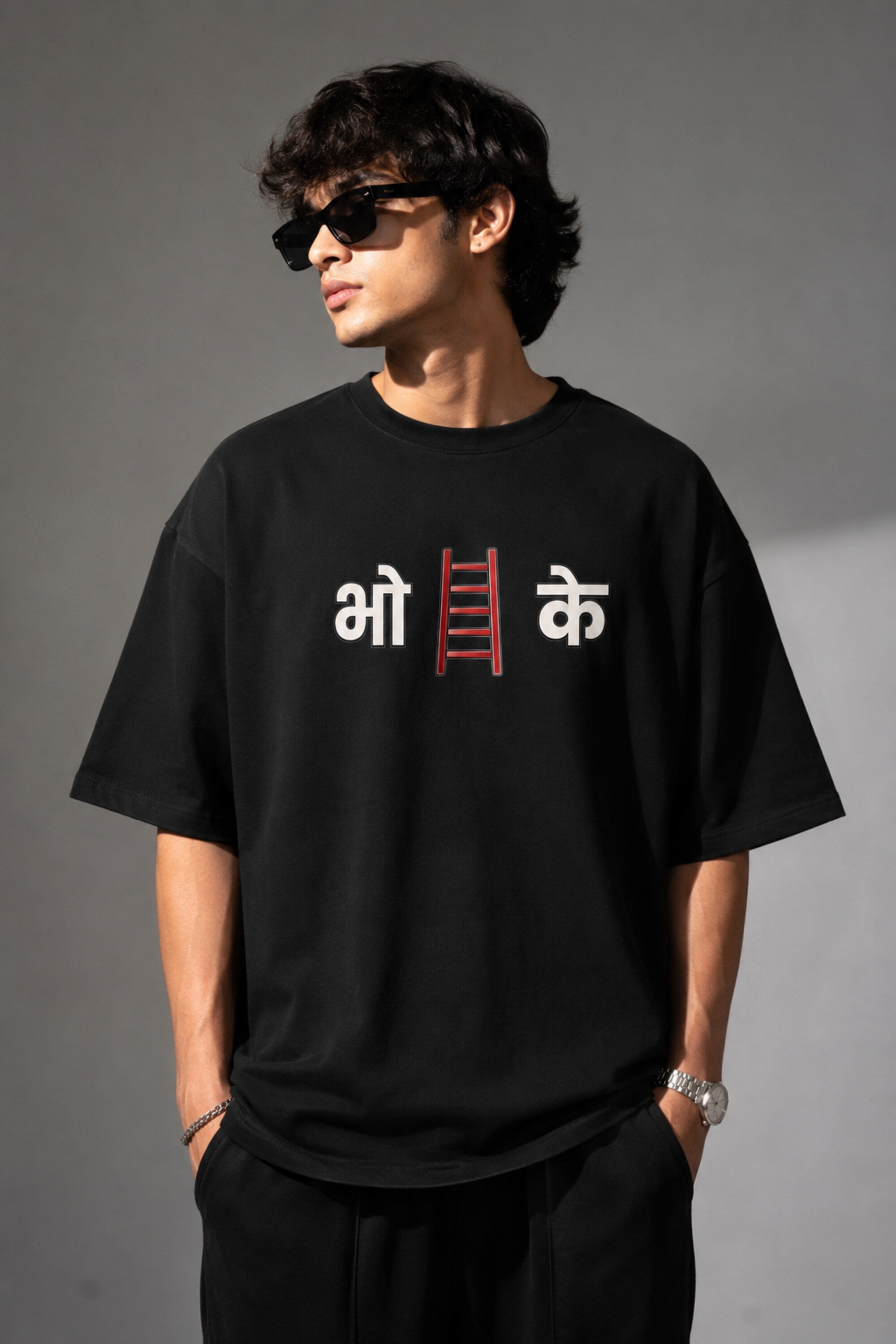 POPCASE black oversized t shirt Hindi Devanagari bho red ladder ke wordplay graphic white text DTF desi streetwear premium cotton tshirt