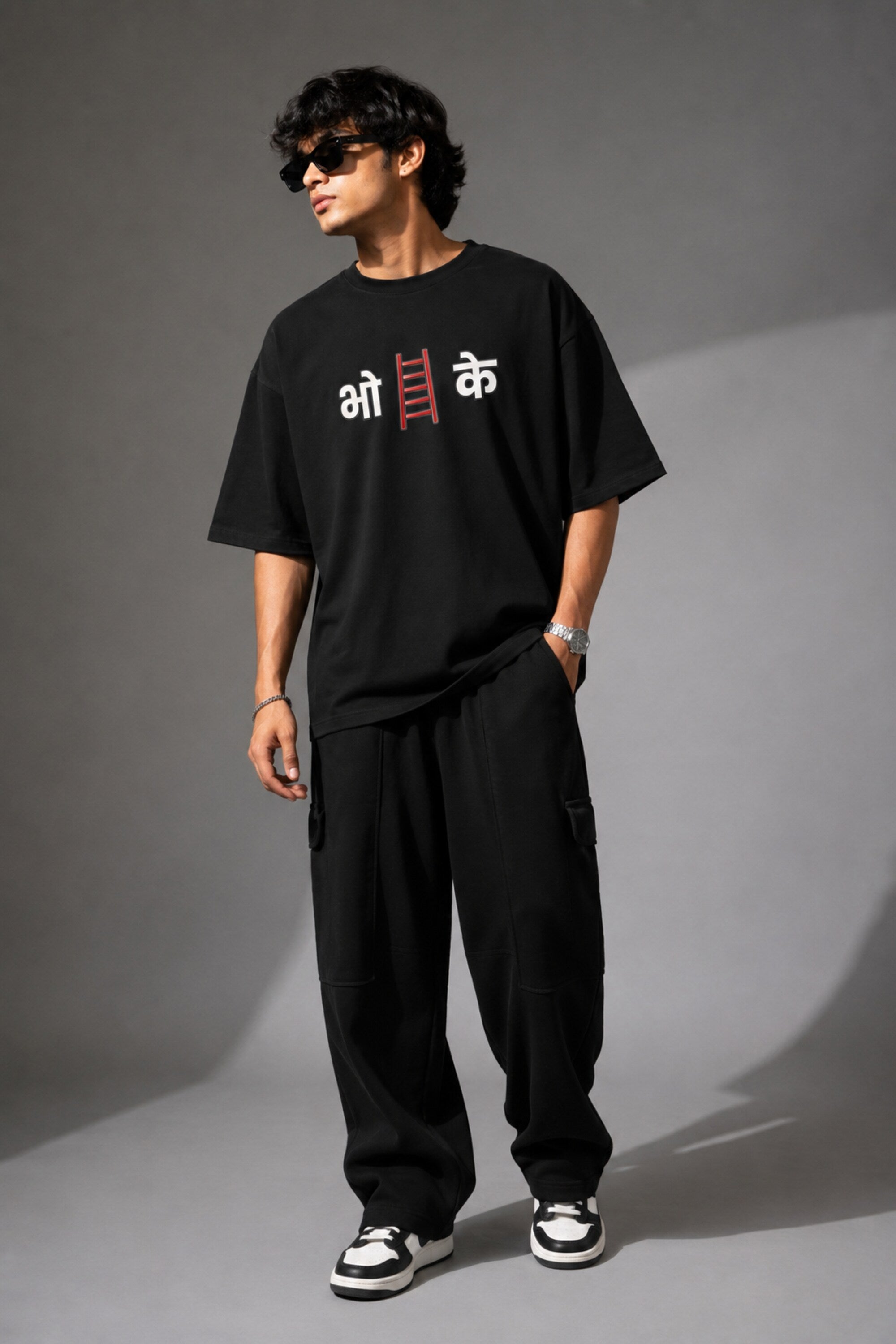 POPCASE black oversized t shirt Hindi Devanagari bho red ladder ke wordplay graphic white text DTF desi streetwear premium cotton tshirt