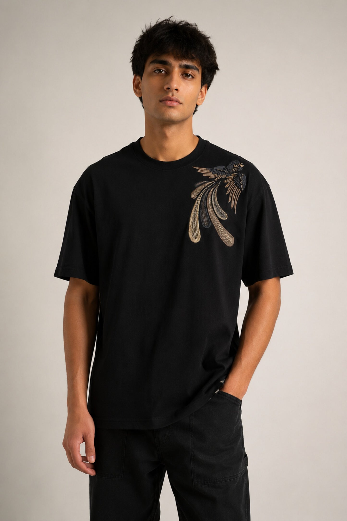 POPCASE Bird Art black oversized t shirt with exotic bird of paradise gold feather DTF graphic shoulder print streetwear