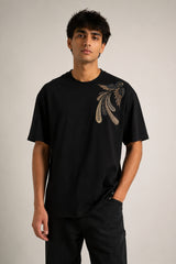 POPCASE Bird Art black oversized t shirt with exotic bird of paradise gold feather DTF graphic shoulder print streetwear