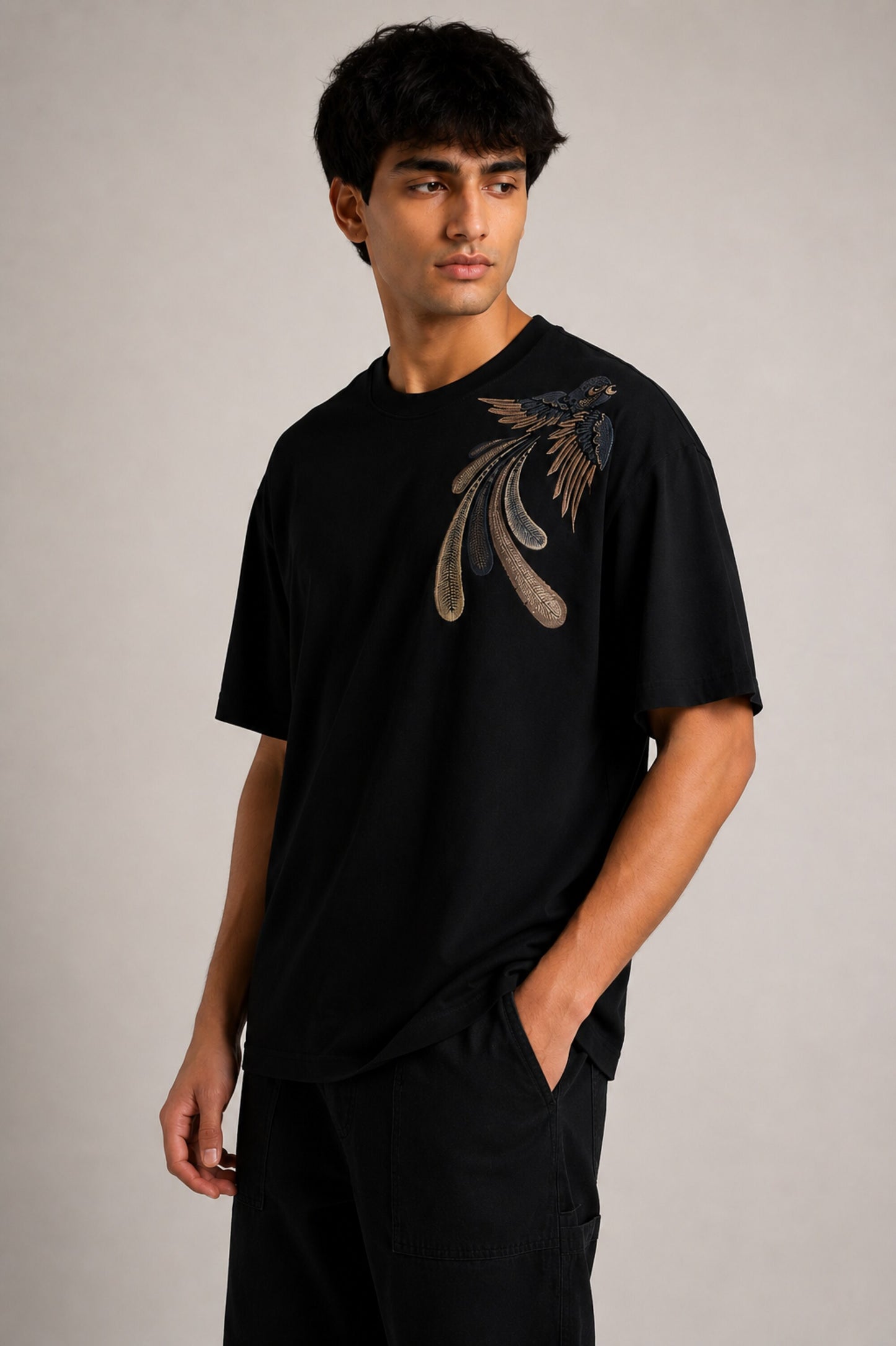 POPCASE Bird Art black oversized t shirt with exotic bird of paradise gold feather DTF graphic shoulder print streetwear