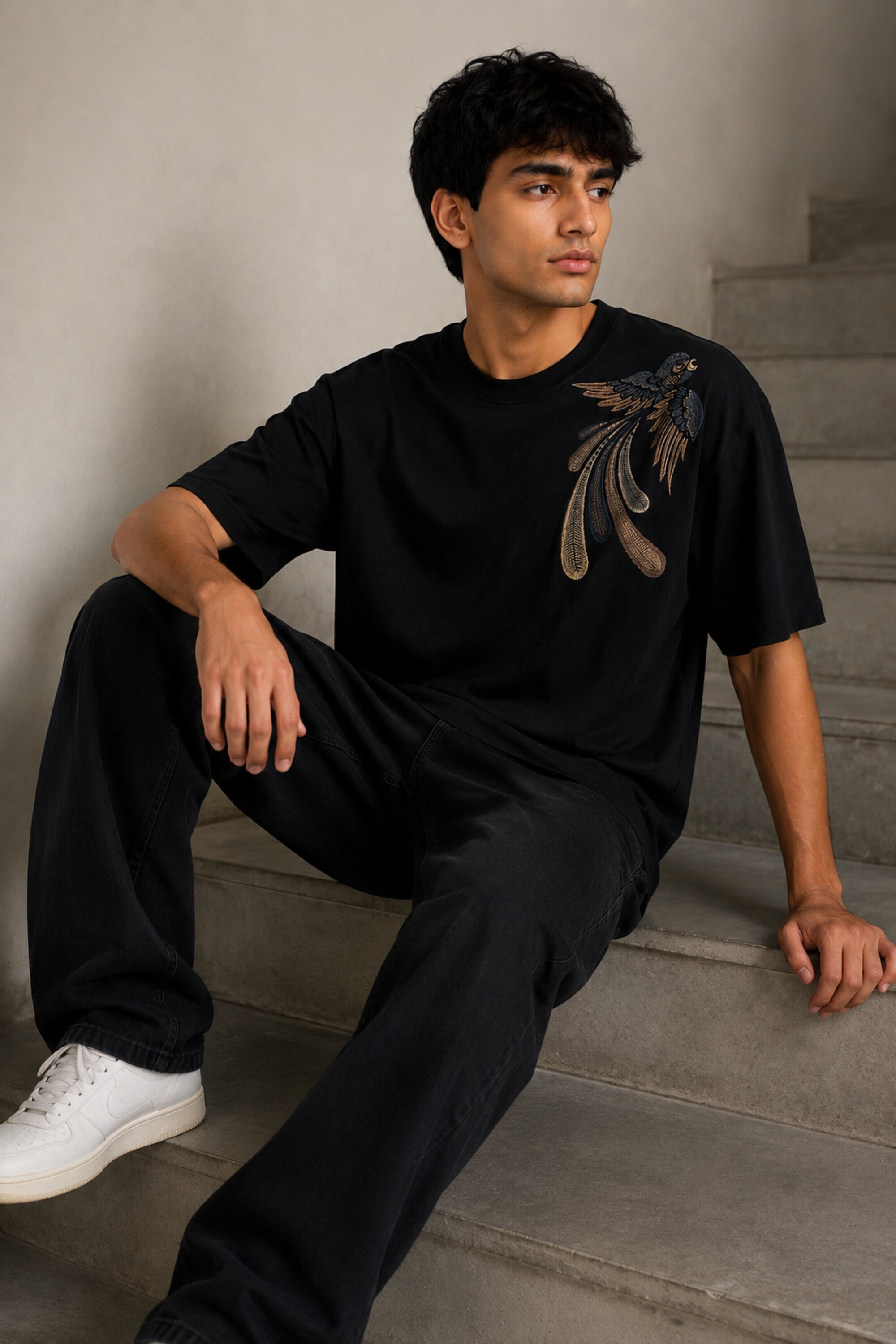 POPCASE Bird Art black oversized t shirt with exotic bird of paradise gold feather DTF graphic shoulder print streetwear