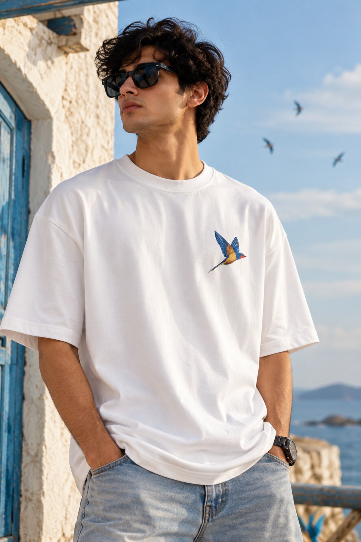 White oversized tshirt with vibrant macaw parrot bird illustration in blue yellow and green on left chest, drop shoulder boxy fit, men India
