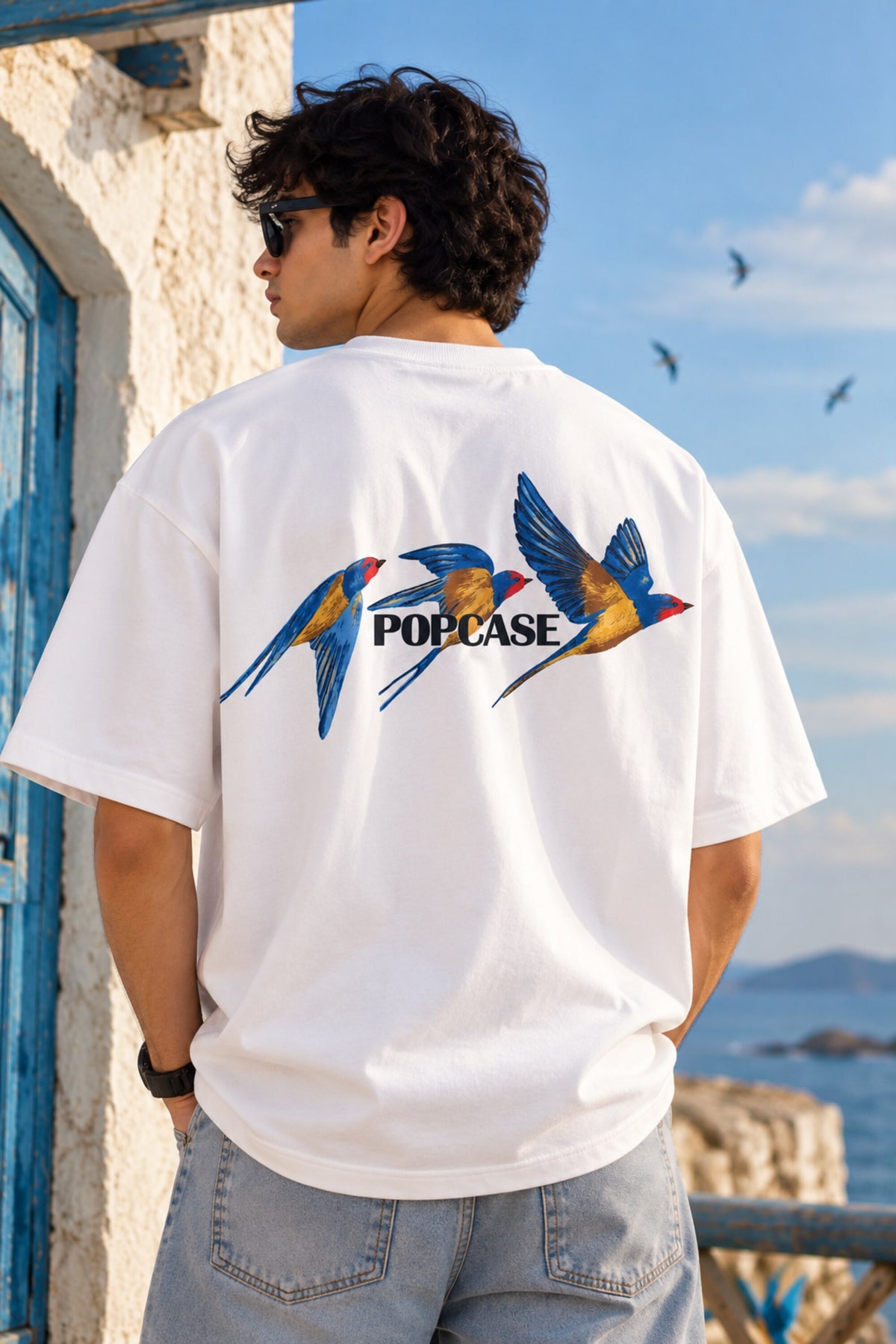 White oversized tshirt with vibrant macaw parrot bird illustration in blue yellow and green on left chest, drop shoulder boxy fit, men India