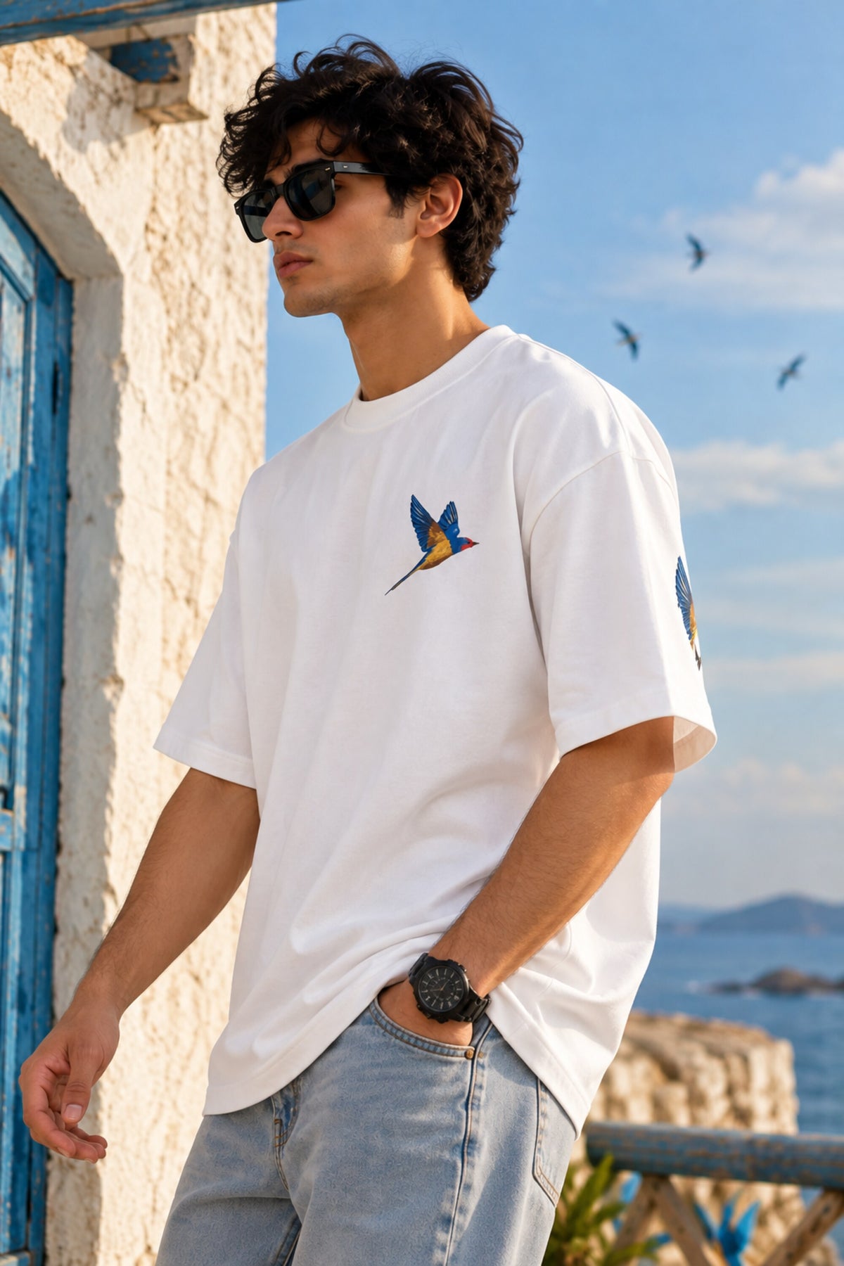 White oversized tshirt with vibrant macaw parrot bird illustration in blue yellow and green on left chest, drop shoulder boxy fit, men India