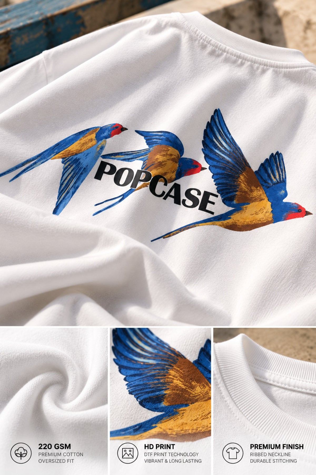 White oversized tshirt with vibrant macaw parrot bird illustration in blue yellow and green on left chest, drop shoulder boxy fit, men India