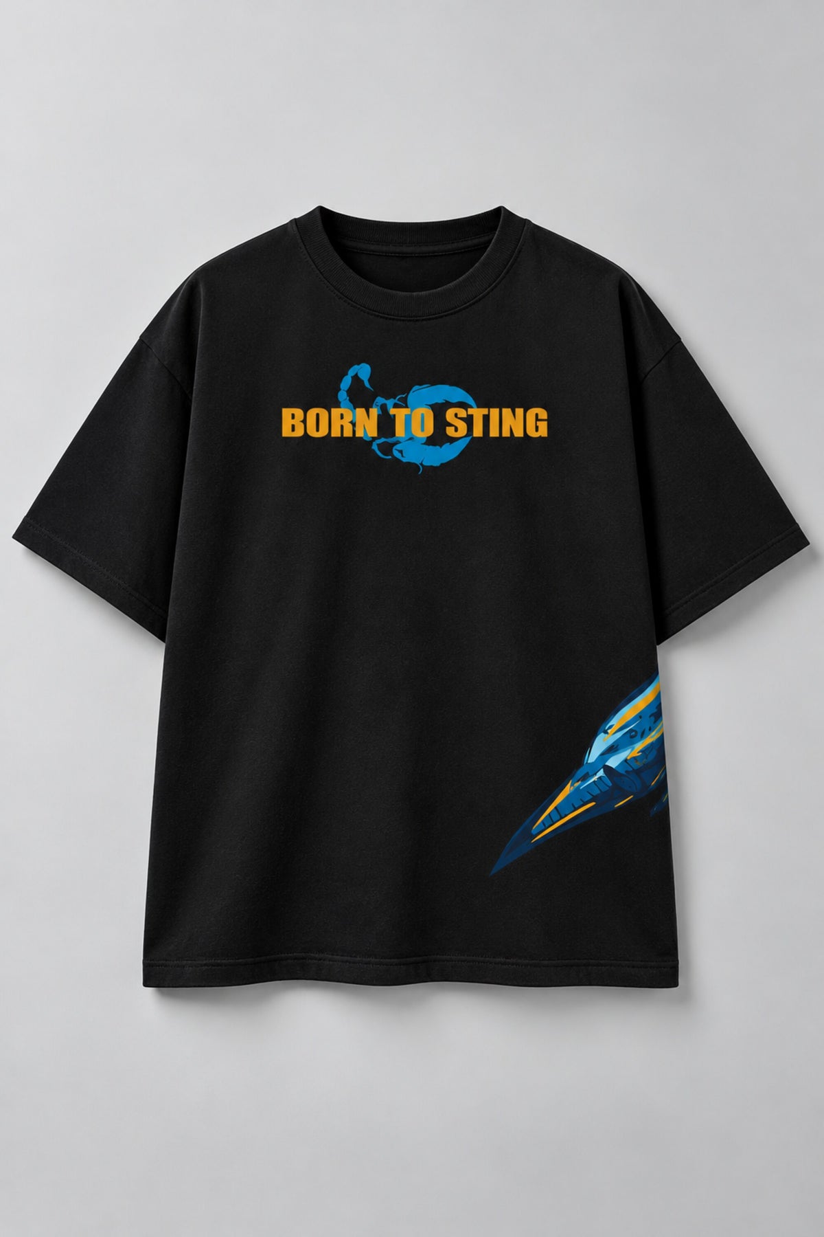 Black oversized tshirt with vivid electric blue scorpion large art print on back, available in black and red, drop shoulder boxy fit, men India