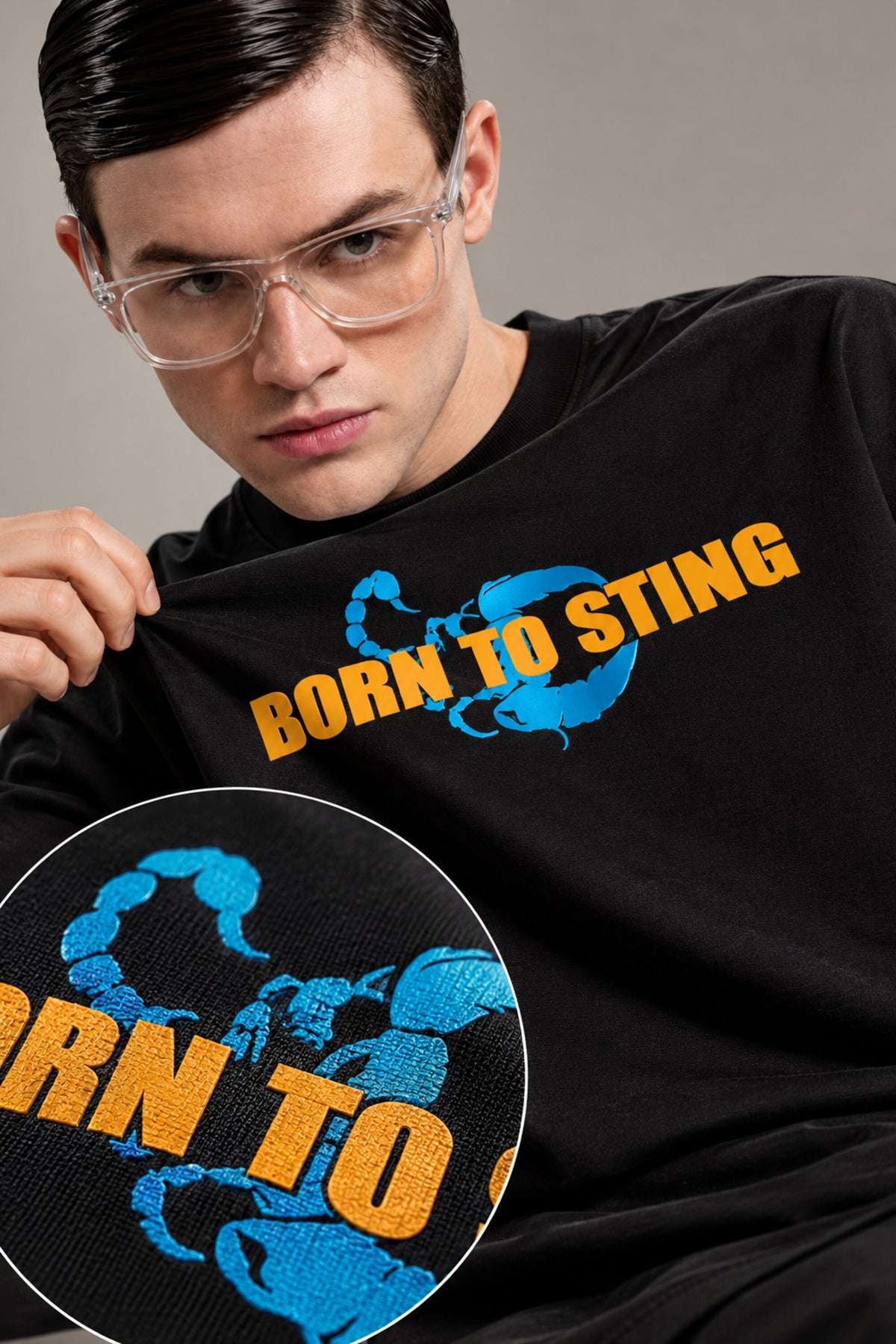 Black oversized tshirt with vivid electric blue scorpion large art print on back, available in black and red, drop shoulder boxy fit, men India