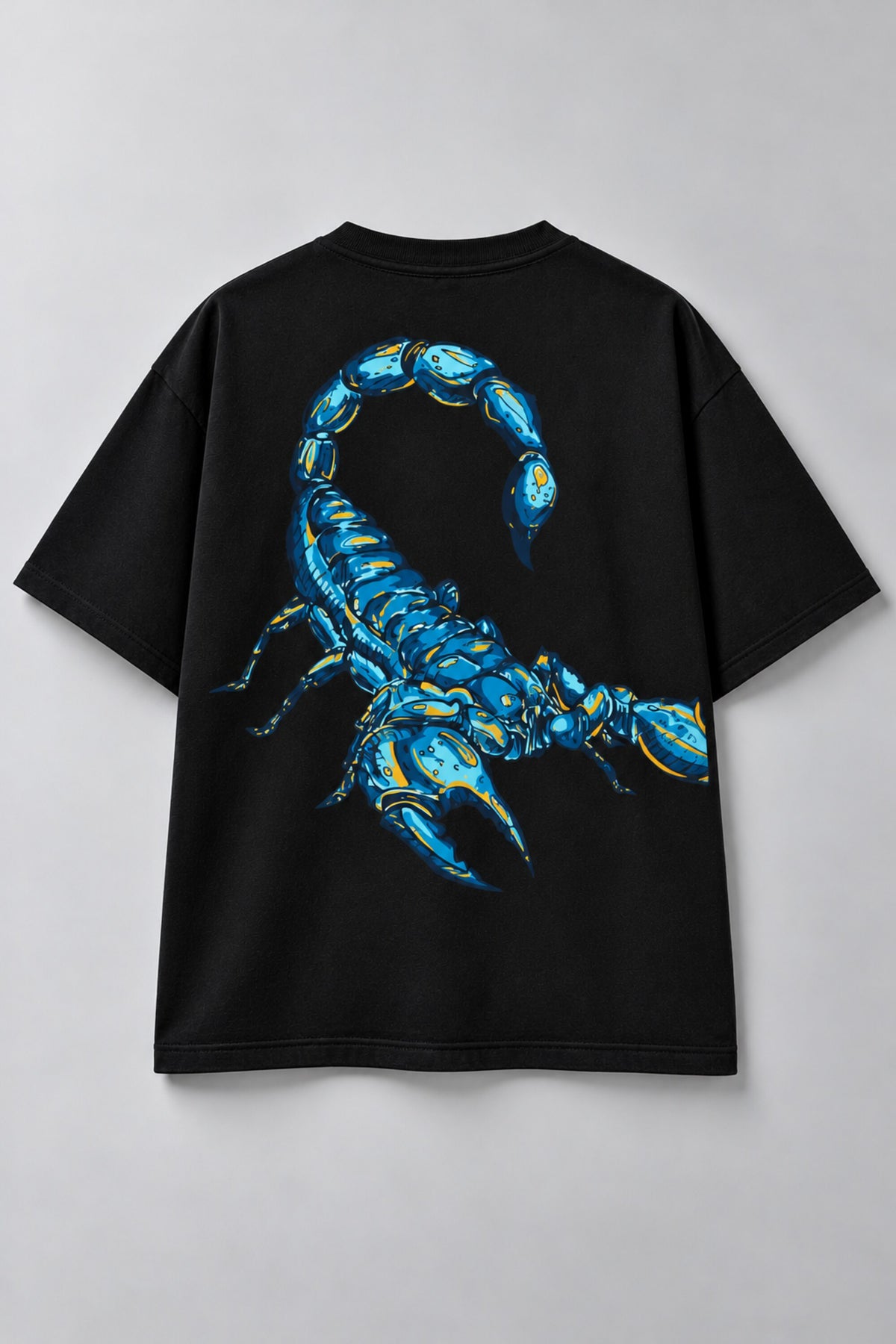 Black oversized tshirt with vivid electric blue scorpion large art print on back, available in black and red, drop shoulder boxy fit, men India