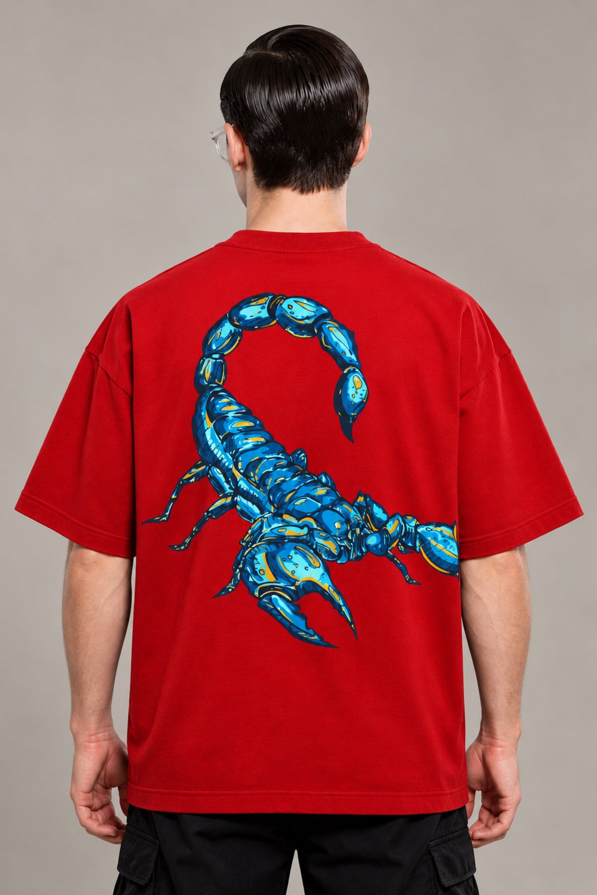 Black oversized tshirt with vivid electric blue scorpion large art print on back, available in black and red, drop shoulder boxy fit, men India - red