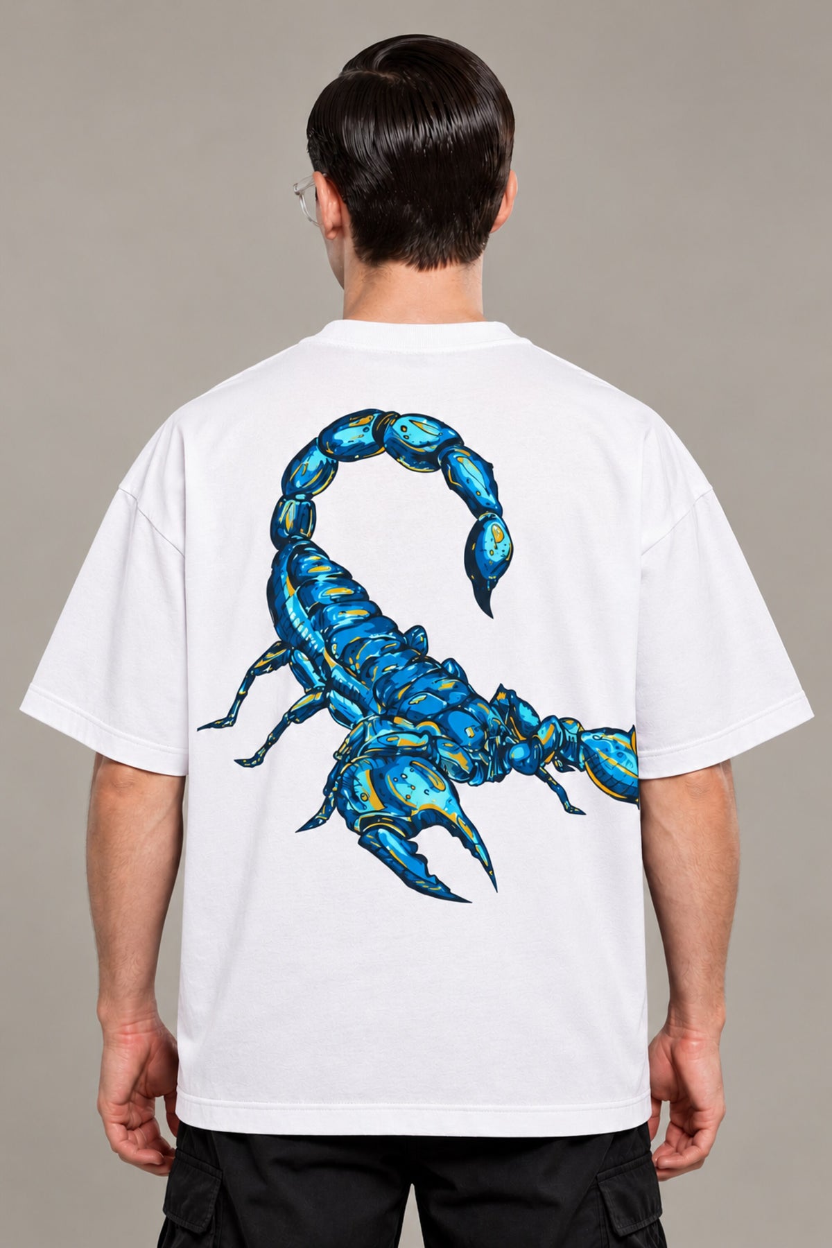Black oversized tshirt with vivid electric blue scorpion large art print on back, available in black and red, drop shoulder boxy fit, men India - white