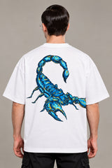 Black oversized tshirt with vivid electric blue scorpion large art print on back, available in black and red, drop shoulder boxy fit, men India - white