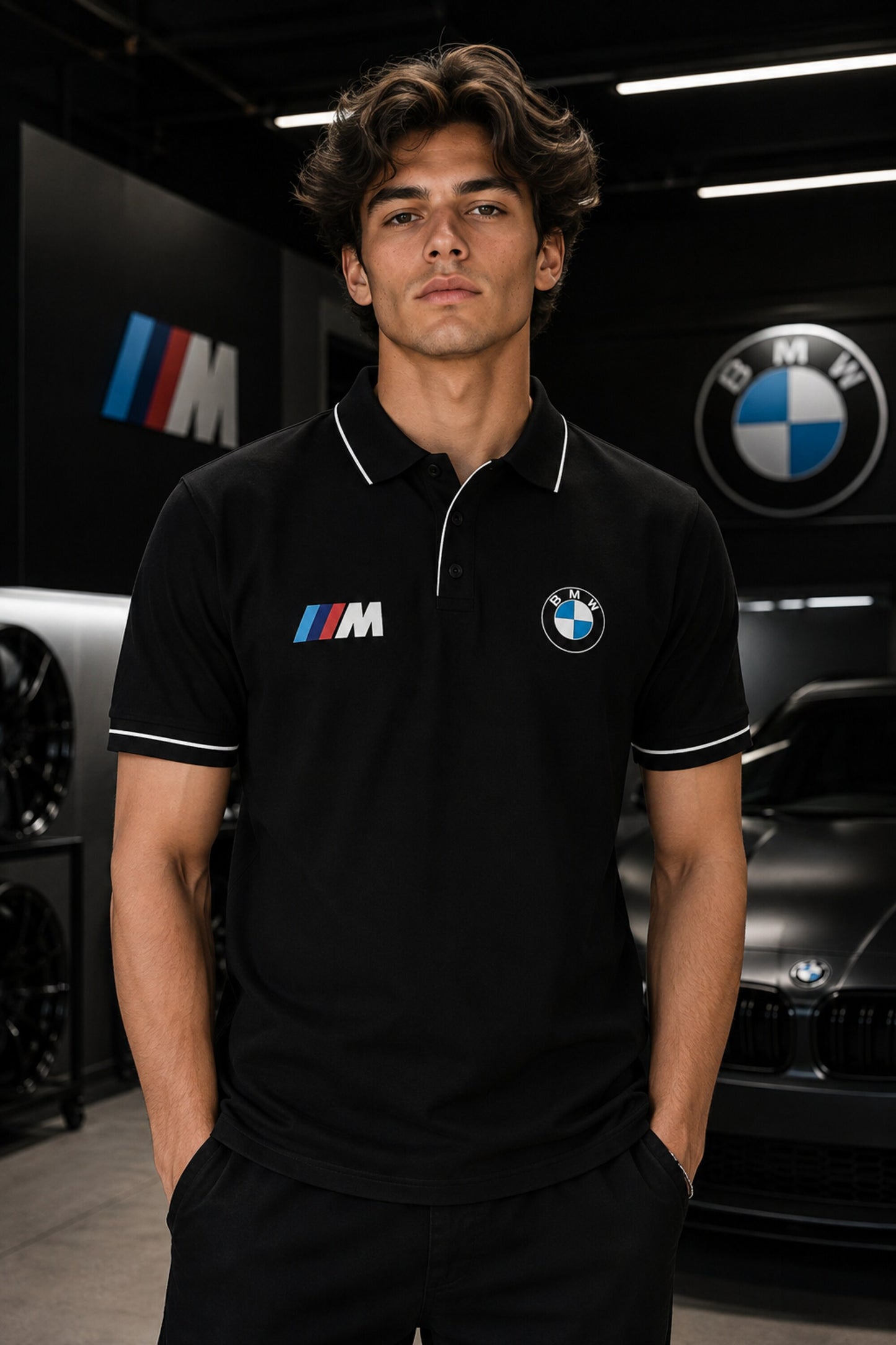 Black BMW M series inspired polo t-shirt with white tipped collar and cuffs, motorsport fashion India