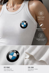 White ribbed tank top with BMW Belux black logo text DTF print 220 GSM premium ribbed fabric luxury motorsport streetwear