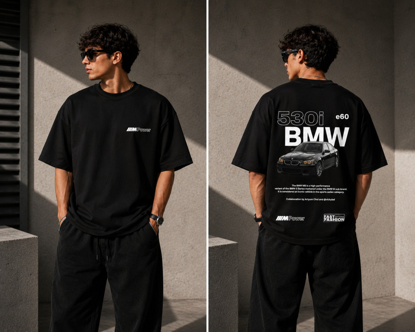 Man wearing a white oversized BMW M "530i E60" graphic t-shirt and black baggy jeans, standing against a textured concrete wall. - black