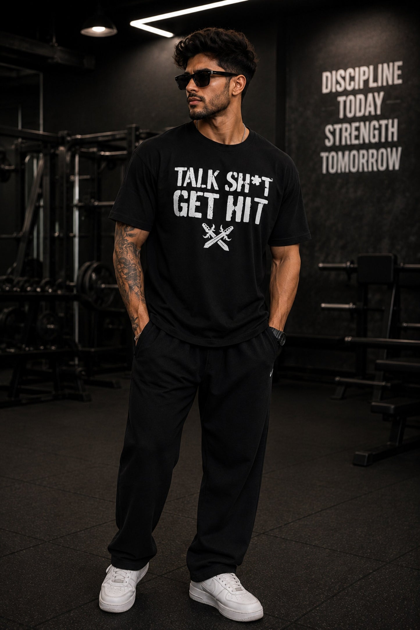 Talk Sh*t Get Hit WWE attitude black oversized t-shirt with crossed daggers graphic