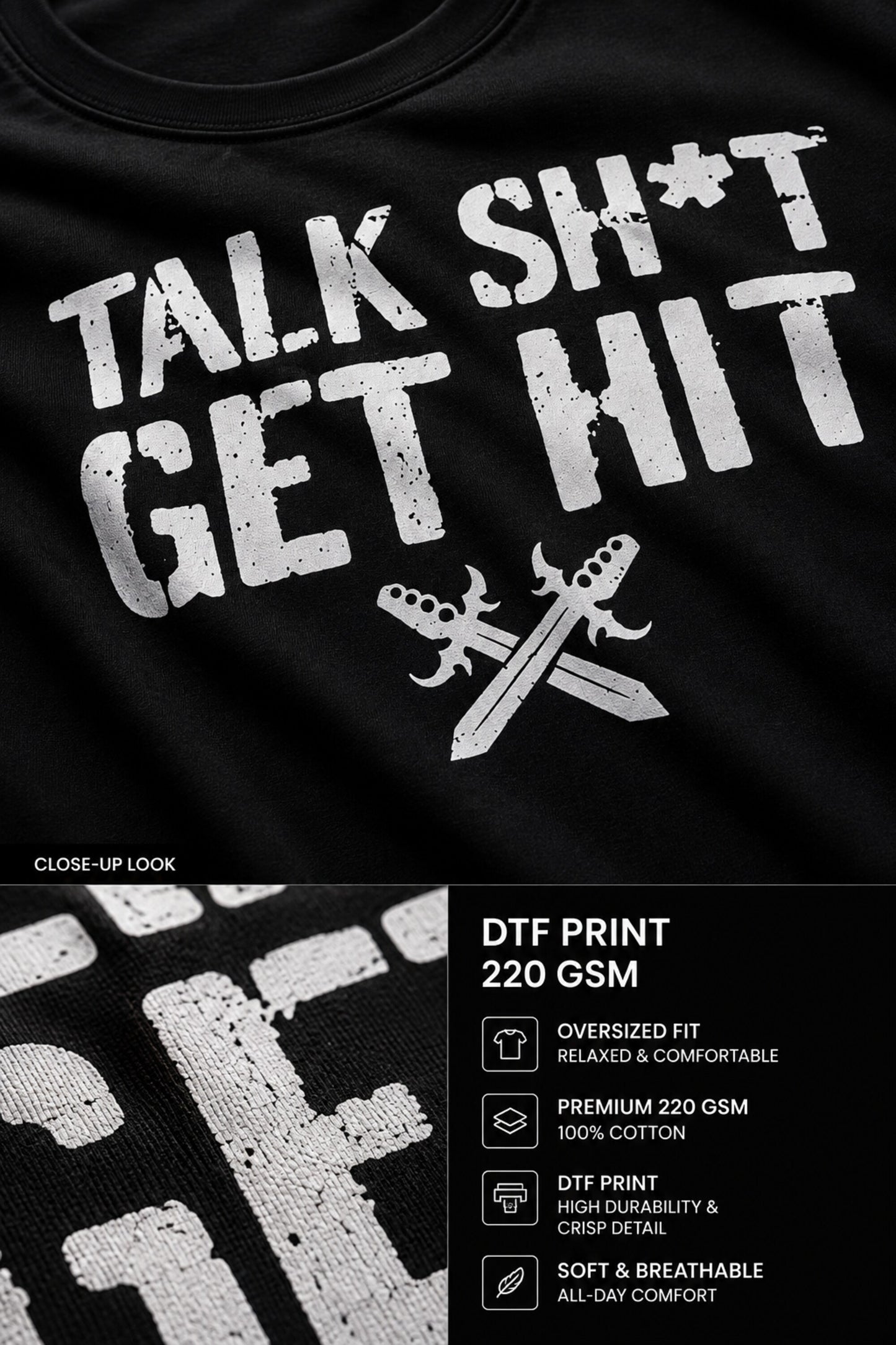 Talk Sh*t Get Hit WWE attitude black oversized t-shirt with crossed daggers graphic