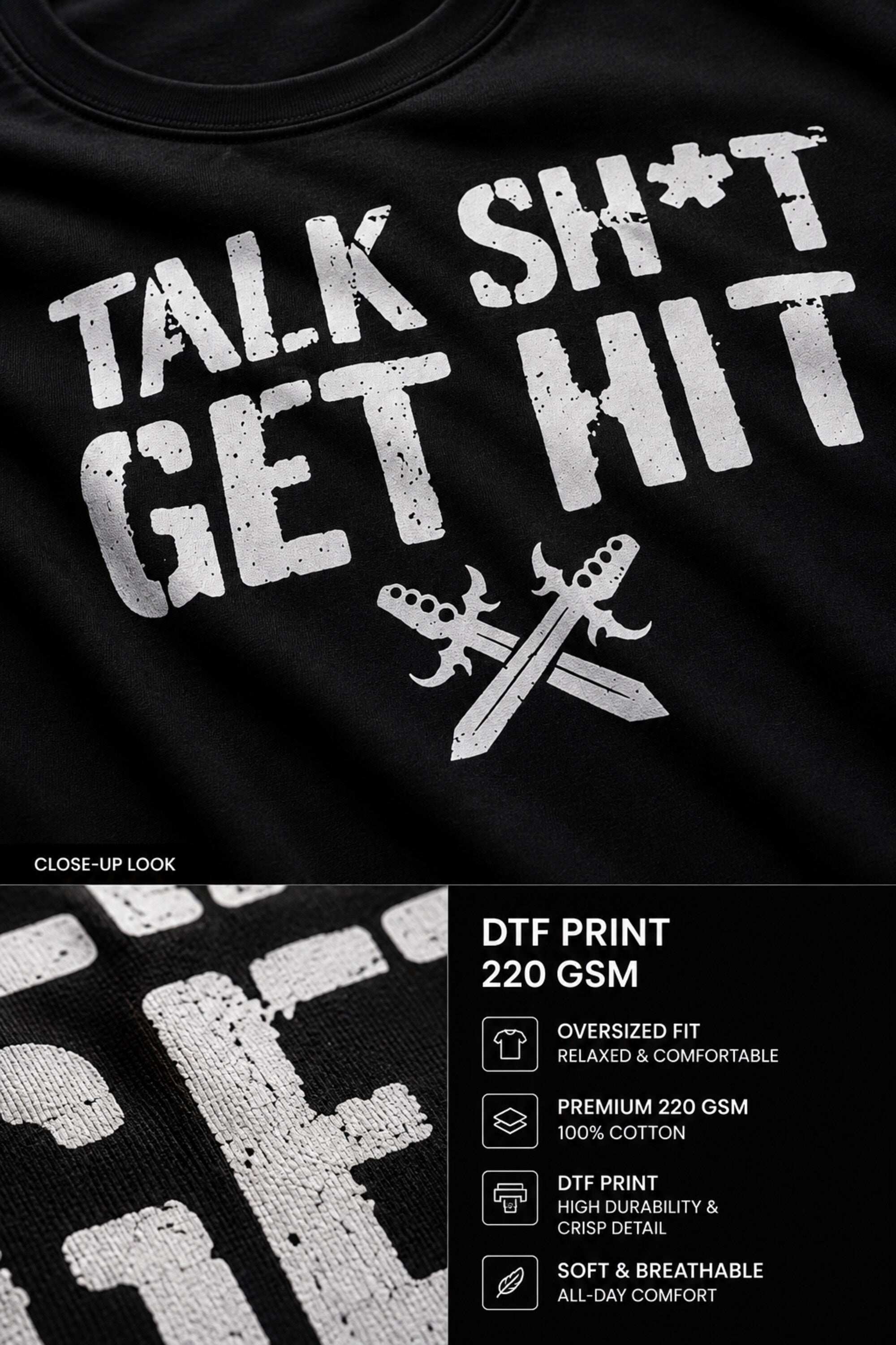 Talk Sh*t Get Hit WWE attitude black oversized t-shirt with crossed daggers graphic
