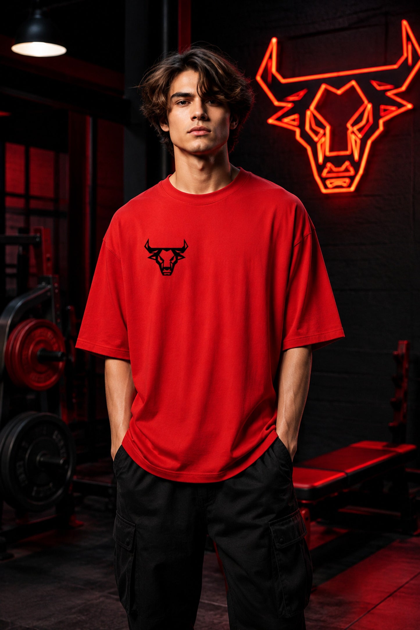 Red unisex oversized t shirt Bull geometric bull head back graphic A Bull In An Intact More Muscular Aggressive POPCASE gym streetwear tee