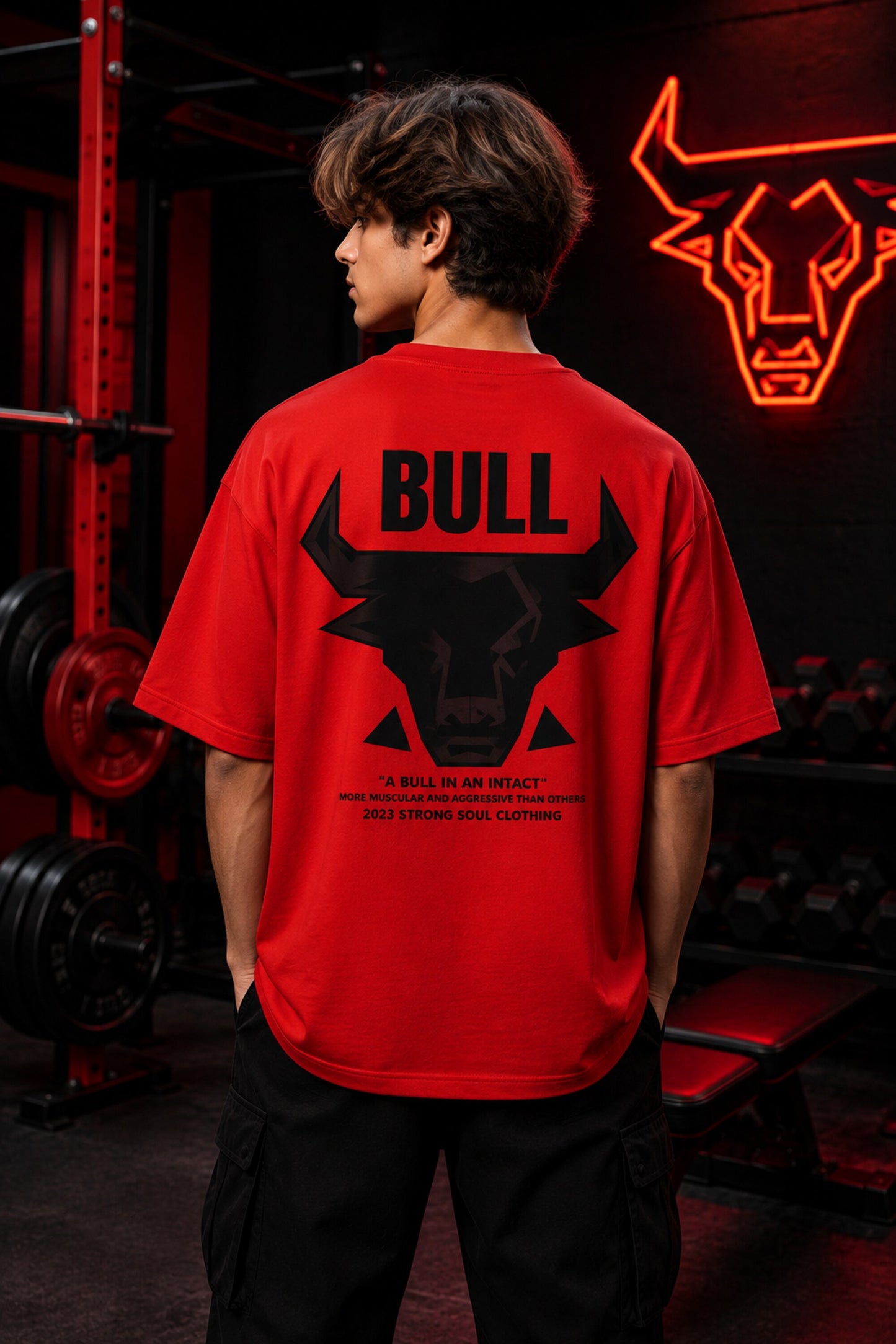 Red unisex oversized t shirt Bull geometric bull head back graphic A Bull In An Intact More Muscular Aggressive POPCASE gym streetwear tee
