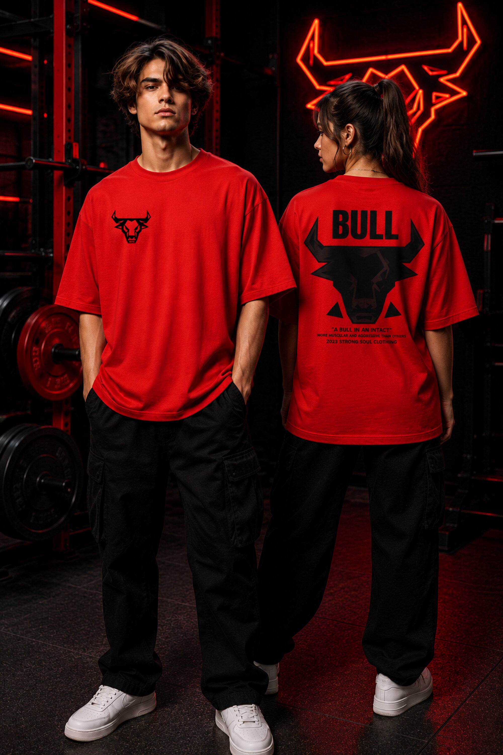 Red unisex oversized t shirt Bull geometric bull head back graphic A Bull In An Intact More Muscular Aggressive POPCASE gym streetwear tee