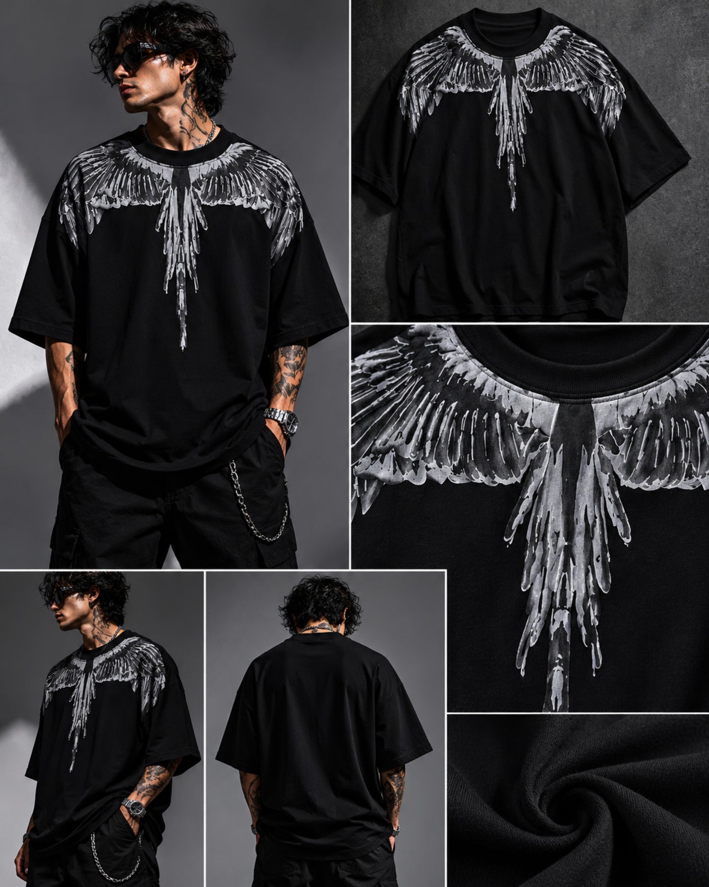 Black Spirit Wings graphic print close-up – dark aesthetic oversized tshirt India – PopCase premium cotton