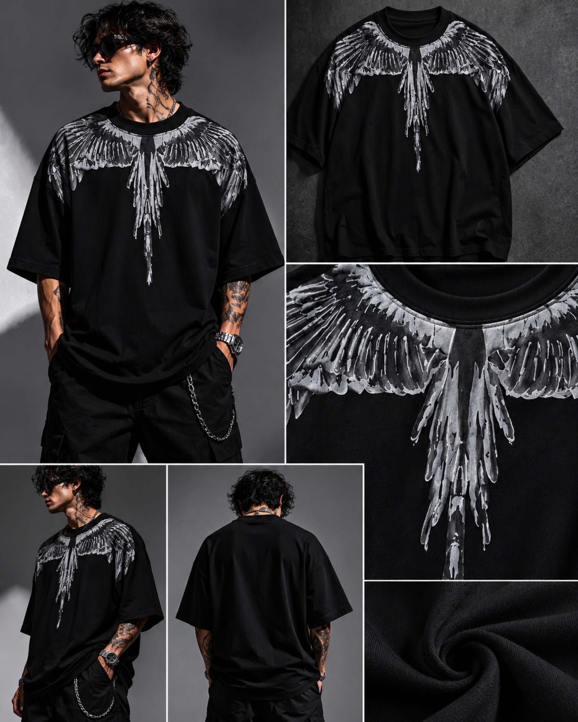 Black Spirit Wings graphic print close-up – dark aesthetic oversized tshirt India – PopCase premium cotton