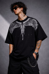 Black Spirit Wings tshirt back view – premium drop shoulder oversized fit India – PopCase dark aesthetic