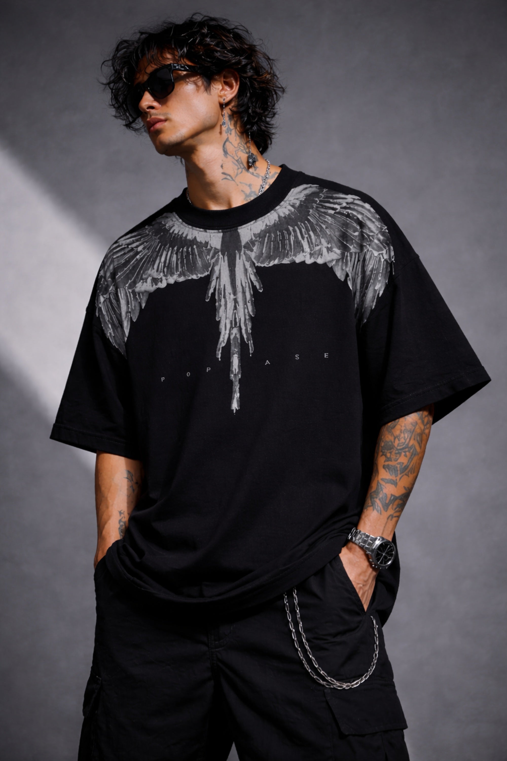 Black Spirit Wings tshirt back view – premium drop shoulder oversized fit India – PopCase dark aesthetic