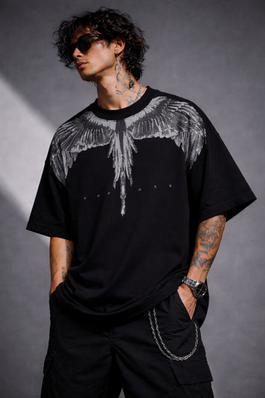 Black Spirit Wings tshirt back view – premium drop shoulder oversized fit India – PopCase dark aesthetic