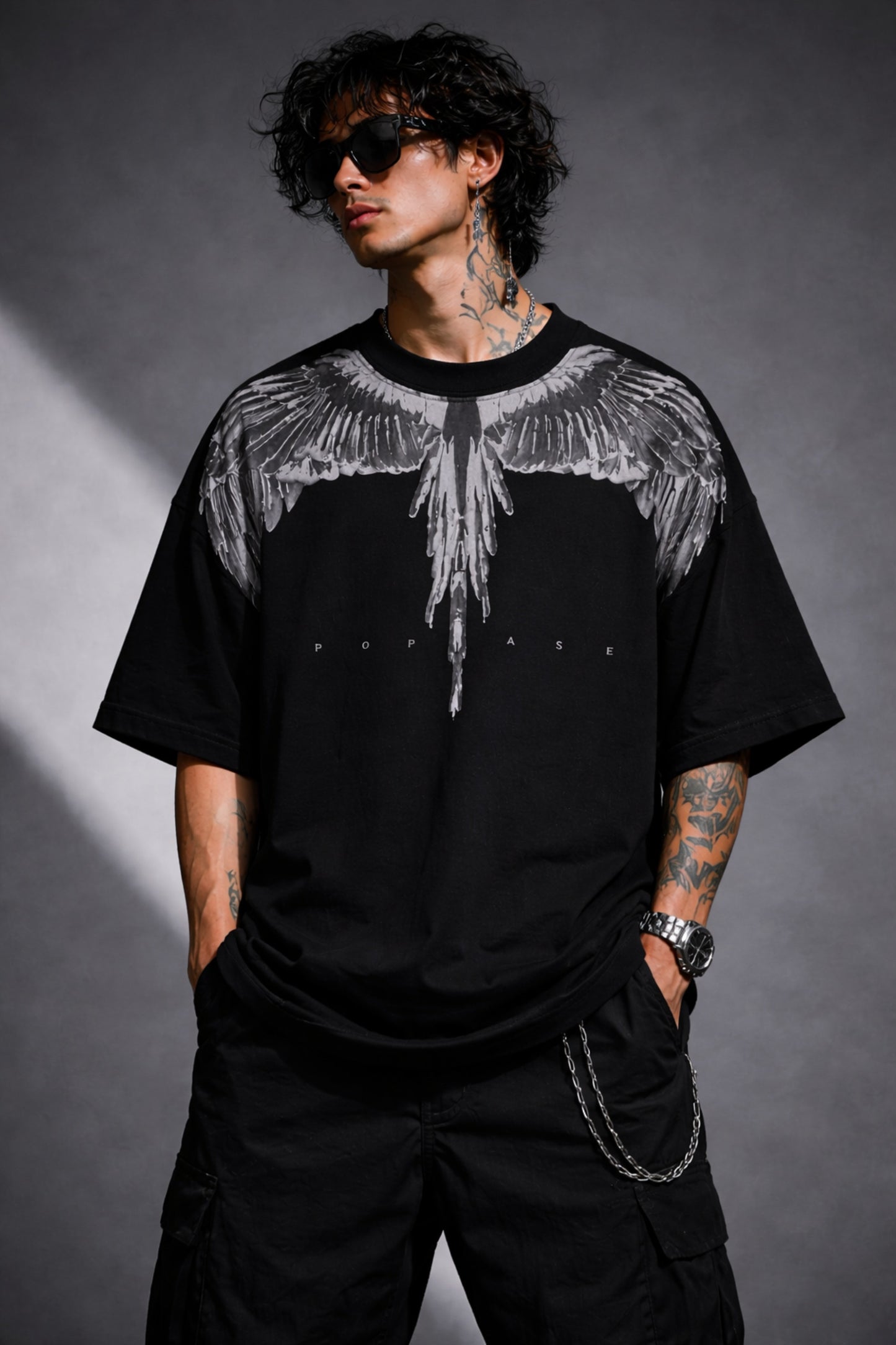 Black Spirit Wings oversized tshirt India front – dark aesthetic streetwear – PopCase ₹799 free shipping