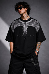 Black Spirit Wings oversized tshirt India front – dark aesthetic streetwear – PopCase ₹799 free shipping