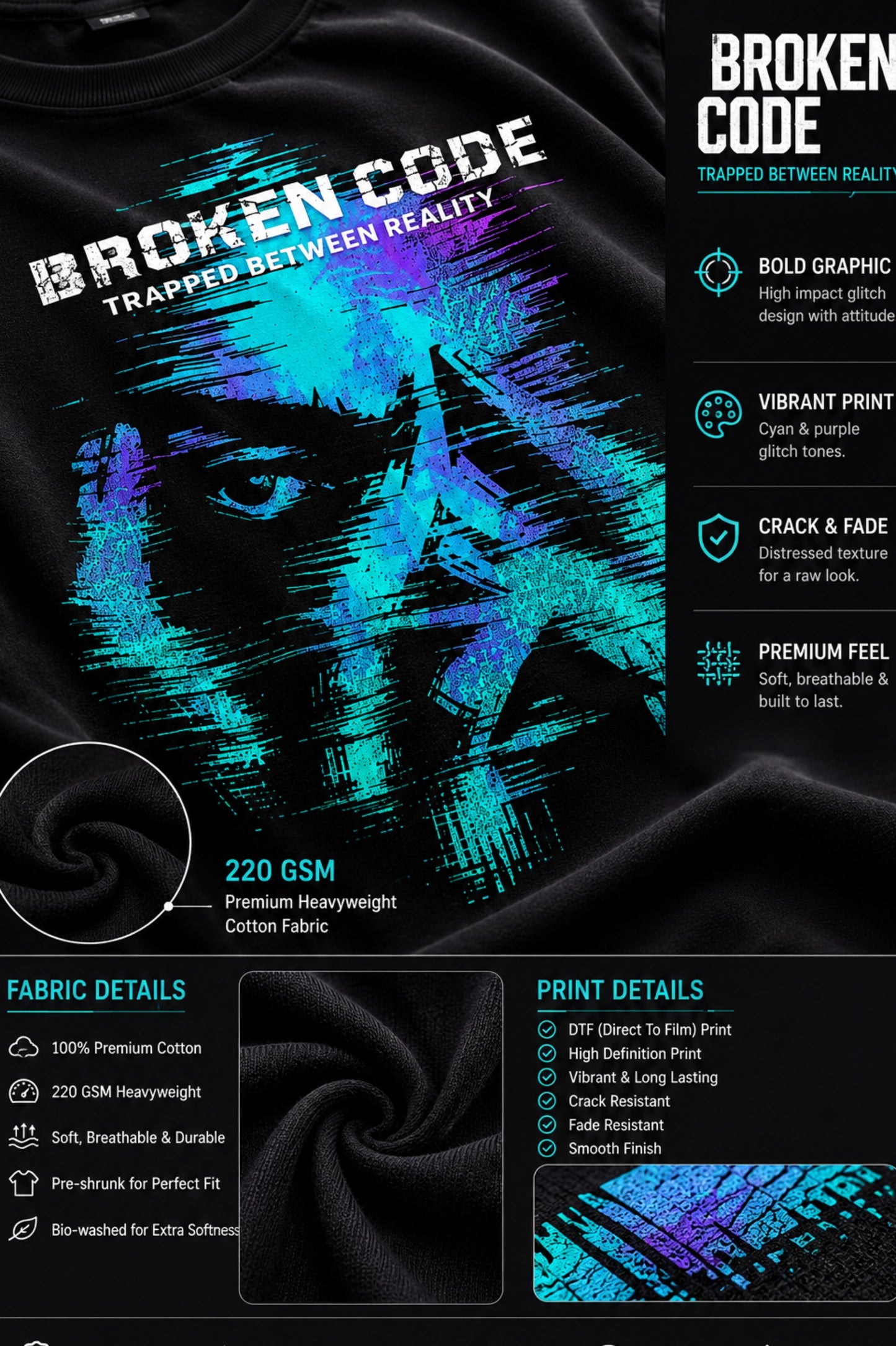 Man wearing a black BROKEN CODE oversized t-shirt with a glitch art graphic of eyes and text. Features a chain necklace and dark wash jeans. Model is posed against a studio backdrop.
