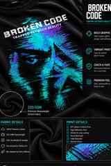 Man wearing a black BROKEN CODE oversized t-shirt with a glitch art graphic of eyes and text. Features a chain necklace and dark wash jeans. Model is posed against a studio backdrop.