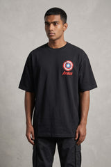 Black oversized tshirt with classic Captain America comic art in red white blue and First Avenger Last Hope text on back, men India