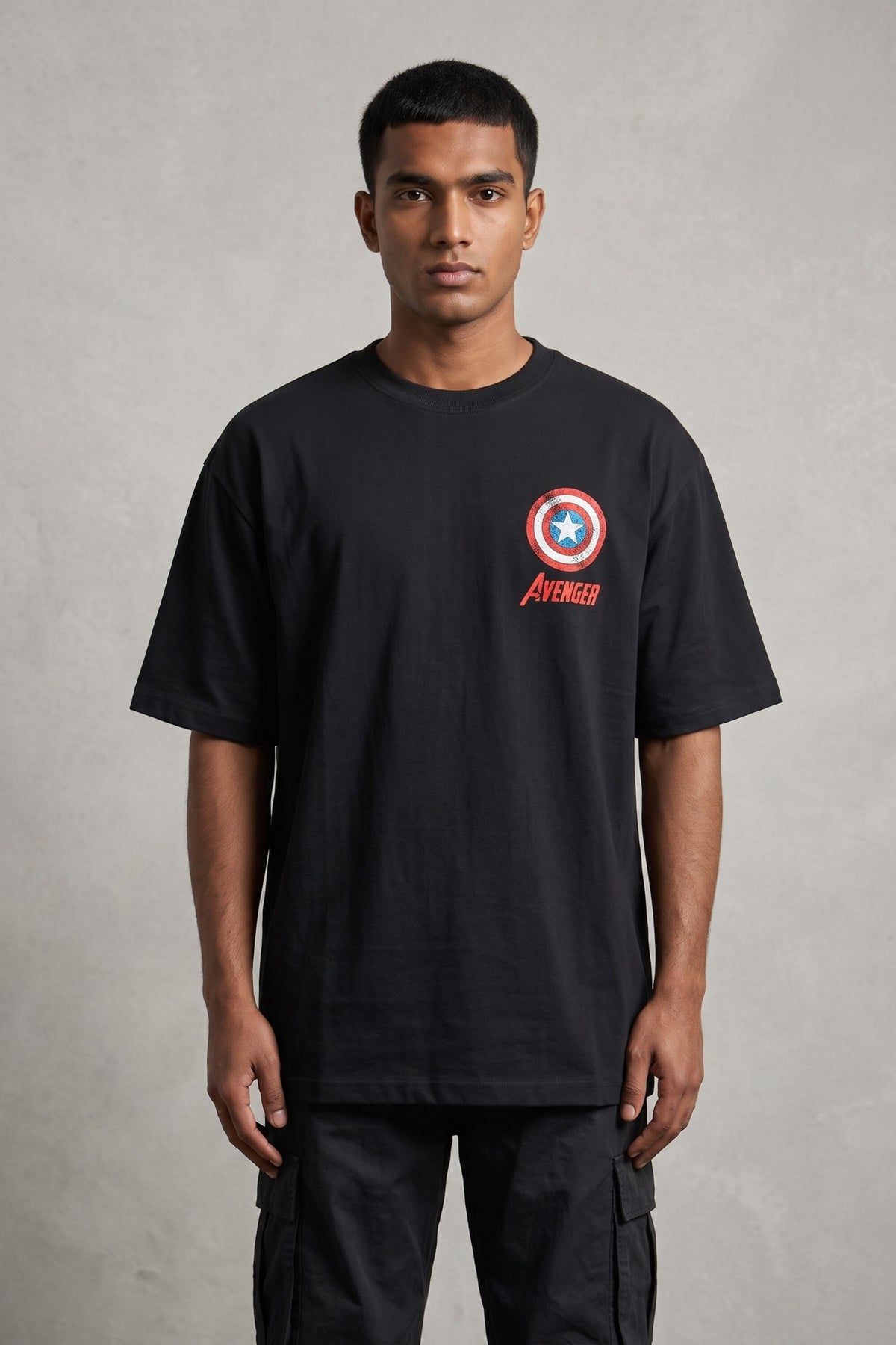 Black oversized tshirt with classic Captain America comic art in red white blue and First Avenger Last Hope text on back, men India