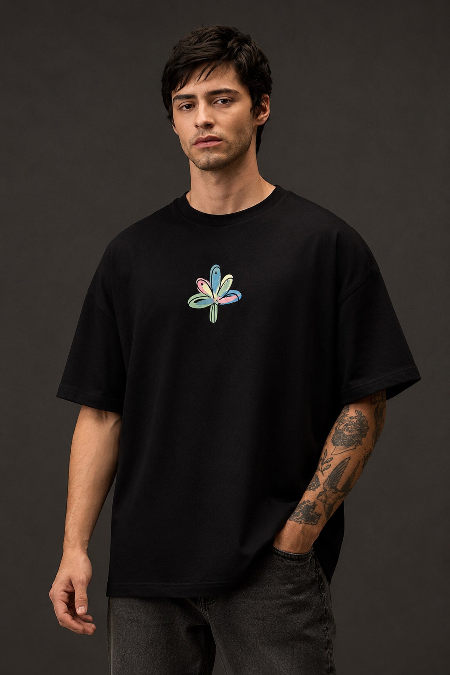 POPCASE Chaos black oversized t shirt with multicolour graffiti CHAOS back print and abstract flower front graphic streetwear