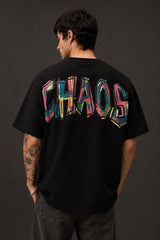 POPCASE Chaos black oversized t shirt with multicolour graffiti CHAOS back print and abstract flower front graphic streetwear