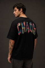 POPCASE Chaos black oversized t shirt with multicolour graffiti CHAOS back print and abstract flower front graphic streetwear
