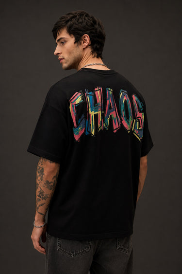 POPCASE Chaos black oversized t shirt with multicolour graffiti CHAOS back print and abstract flower front graphic streetwear
